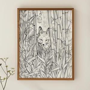 Spirito della Volpe in Foresta di Bambù, Arte Japandi, Stampa Natura Zen, Disegno Minimalista Animale, Decorazione Digitale Casa