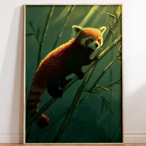 Panda Rosso su Bambù Arte Murale, Stampa Animale Stile Japandi, Illustrazione Natura Zen, Poster Decorativo Moderno Digitale