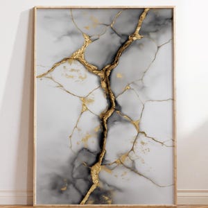 Gouden Kintsugi Japandi abstracte muurkunst | Zen minimalistische digitale print voor een modern, rustig interieur