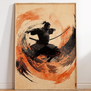 Samurai Swirl Japandi Wall Art, Dynamic Japanese Warrior Print, Zen Minimalist Digital Art, Bold Martial Decor, Modern Home Download