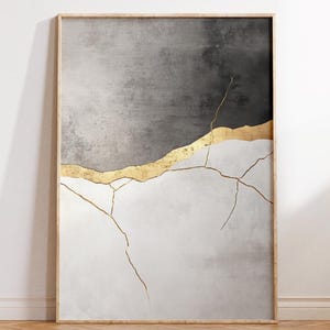 Japandi Kintsugi-muurkunst – Zen Gold Crack Abstract | Minimalistische digitale poster in grijs en wit voor Wabi Sabi Modern Decor