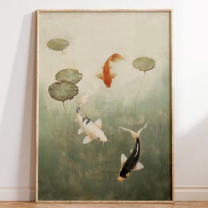 Arte mural de estanque de peces koi, impresión zen japonesa, decoración wabi sabi, póster de naturaleza tranquila, arte japonés minimalista, impresión digital