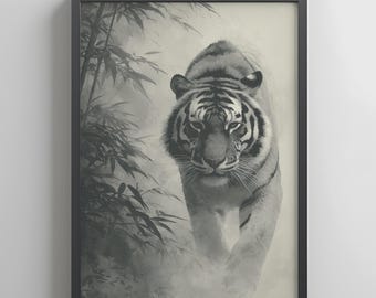 竹林の日本の虎のアートプリント - 墨絵風動物画、禅ジャングルの壁