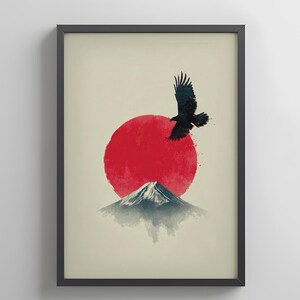 May include: Framed art print featuring a red sun, a mountain with a snow-capped peak, and a black bird in flight. The artwork has a minimalist style with a beige background and a black frame.