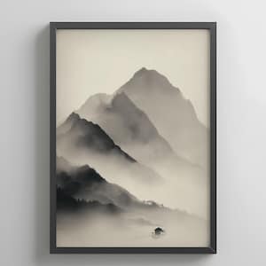 Japanskt Sumi-e-bergslandskapstryck: Zen Ink Wash Art (digital nedladdning)