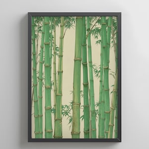 Può includere: Una stampa incorniciata raffigurante una foresta di bambù. L'opera presenta numerosi fusti di bambù verde con trame e ombreggiature dettagliate. Lo sfondo è di un colore bianco sporco e la stampa è racchiusa in una cornice nera.
