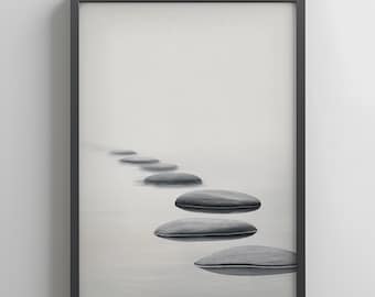 Zen Stepping Stones Art Print – Japandi Wabi-Sabi Minimalist Rock Path (Digital Download)