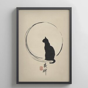 Japandi Cat Wall Art – Zen Enso Circle Print | Minimalist Digital Poster