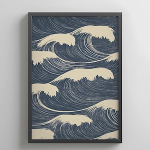 Japanese Wave Art Print – Ukiyo-e Seigaiha Pattern in Navy Blue Ocean Swirl (Digital Download)