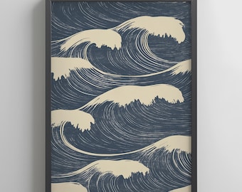 Japanese Wave Wall Art – Ukiyo-e Seigaiha Navy Blue Ocean Swirl, Digital Download