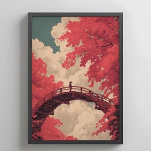 May include: Framed art print featuring a Japanese-style illustration. A person with a hat stands on a curved wooden bridge. The bridge is surrounded by red trees and clouds. The sky is a mix of teal and beige.