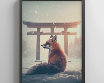 Winter Torii Gate Fox Print – Minimalistisch Japandi landschap digitale kunst