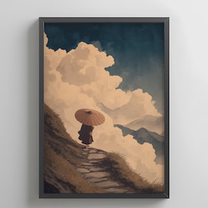 Stampa Ukiyo-e Sentiero di Montagna – Viandante con Kasa Giapponese tra le Nuvole (Download Digitale)
