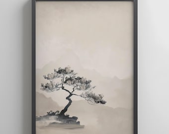 Sumi-e Bonsai Tree Art Print: Minimalist Japanese Landscape (Digital Download)