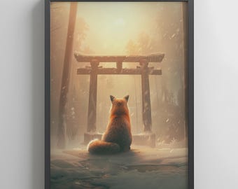 Fox Spirit Torii Gate Art: Japandi wintersneeuwlandschap (digitale download)
