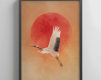 Minimalistischer Japandi Kranich Kunstdruck - Rote Sonne Wanddekoration (Digitaler Download)