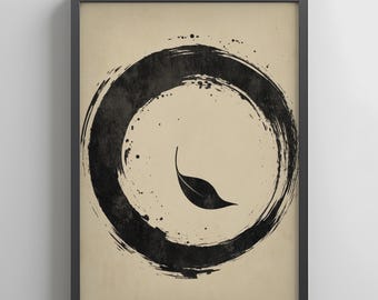 Enso Wall Art – Sumi-e Leaf Zen Circle Minimal Japanese Brushwork, Digital Download