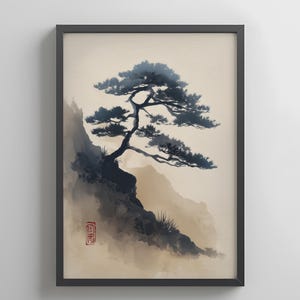 Pino Zen sulla Montagna – Arte Japandi a Inchiostro | Stampa Minimalista Sumi-e, Paesaggio Giapponese, Poster Digitale