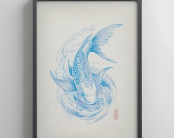 Blue Koi Art Print – Japanese Ukiyo-e Fish Poster