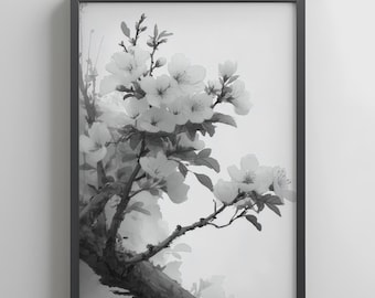 デジタル「桜の花」、ダウンロード、花、墨絵、水墨画、壁アート、植物