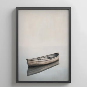 Stampa Minimalista Lago con Canoa – Arte Japandi Digitale, Poster Natura Wabi-Sabi, Paesaggio Tranquillo da Scaricare