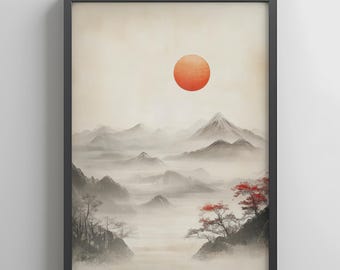 Mountain Sumi-e Art Print: Japandi Zen Landscape (Digital Download)