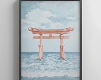 Küsten Ukiyo-e Torii Tor Druck: Minimalistische Zen Wand Kunst (Digitaler Download)