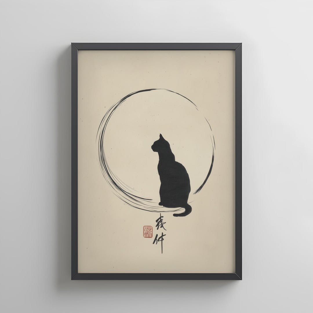 Japandi Cat Wall Art – Zen Enso Circle Print | Minimalist Digital ...