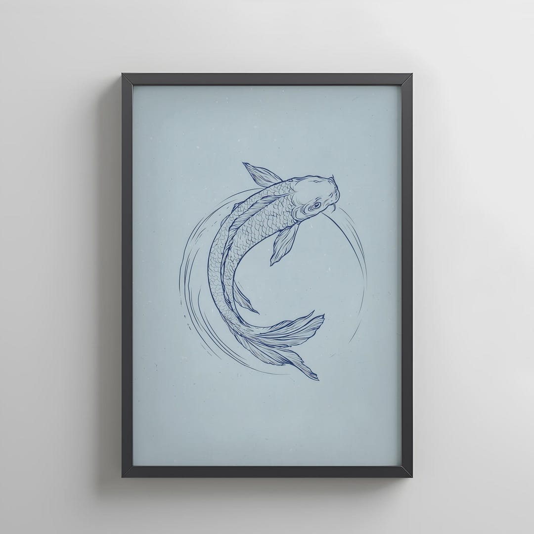 Minimalist Koi Fish Art Print – Blue Line Art Poster in Japanese Style ...