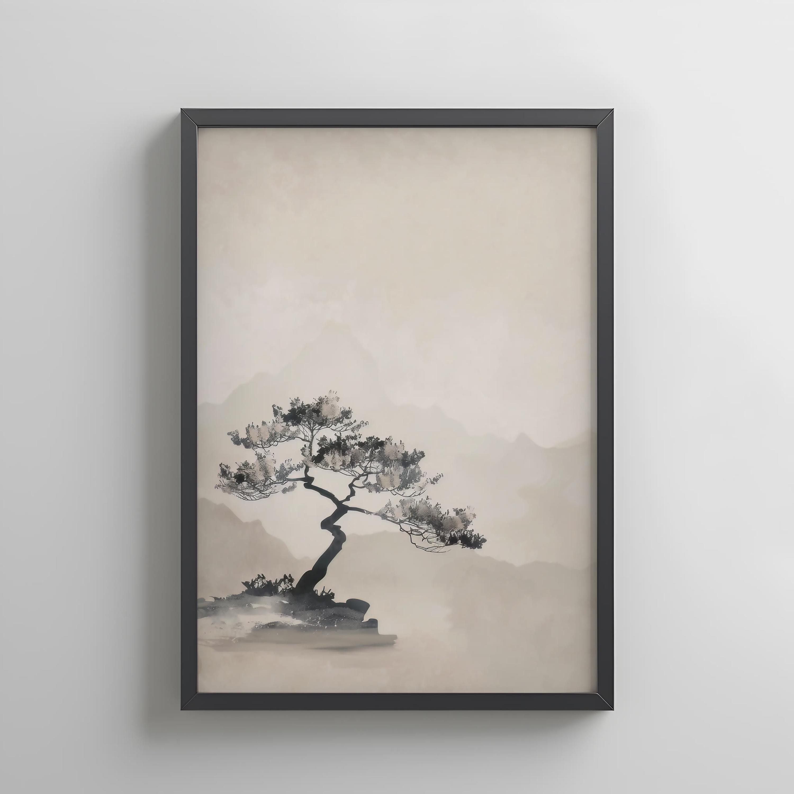 墨絵盆栽アートプリント：ミニマリストな日本の風景画（デジタル
