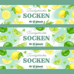 Könnte beinhalten: Drei Banner mit Aquarellillustrationen von Zitronen und Limetten. Der Text "Handgestrickte Socken" ist in einer Schreibschrift dargestellt, darunter die Worte "Mit gemacht". Grüne Herzen und Blätter sind über das Design verstreut.