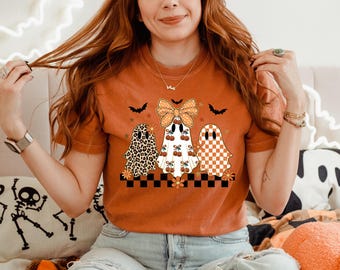 Leopard & Checkered Ghosts T-Shirt | Retro Halloween Comfort Colors