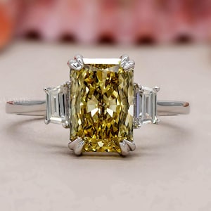 2.09CT Radiant Diamond Engagement Ring, Lab Diamond Three Stone Ring, 10K White Gold Cathedral Ring, Fancy Yellow Color Diamond Wedding Ring