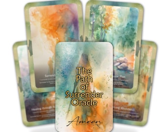 May include: An oracle deck titled "The Path of Surrender Oracle" with a watercolor design. The central card displays the title in gold lettering, surrounded by other cards with abstract art. The deck is by Ameen Freedom Teachings.
