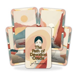 May include: A deck of oracle cards titled "The Path of Devotion Oracle" by Ameen. The cards feature illustrations of landscapes with a color palette of orange, yellow, blue, and red. The central card displays a woman with closed eyes.