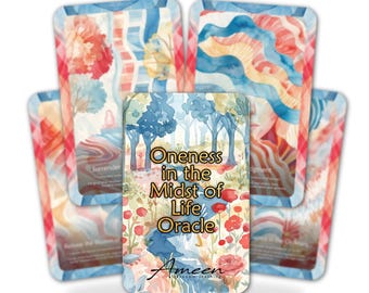 May include: A deck of oracle cards with watercolor illustrations. The central card reads "Oneness in the Midst of Life Oracle" with floral and tree imagery. Other cards show similar art with words like "Surrender" and "Judgment". The cards have a blue, red, and orange color scheme.