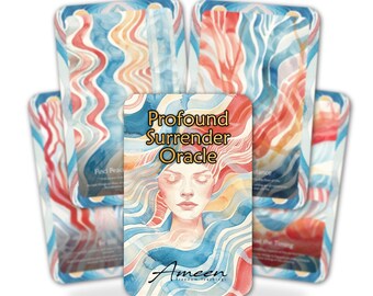 May include: A deck of oracle cards titled "Profound Surrender Oracle" featuring a watercolor illustration of a woman with closed eyes and flowing hair. The cards have a blue, red, and orange abstract design.