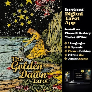 May include: An illustration for "The Golden Dawn Tarot" features a woman in a yellow dress pouring water into a body of water under a starry night sky. The image includes text: "Instant Digital Tarot App" and details about the app's features.
