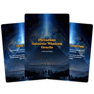 Könnte beinhalten: Drei Orakelkarten mit einem himmlischen Design. Die mittlere Karte lautet "Pleiadian Galactic Wisdom Oracle, A 78-Card Deck". Die anderen Karten lauten "STAR!" und "HERITAGE" mit zusätzlichem Text. Die Karten zeigen eine Pyramide und einen Nachthimmel.