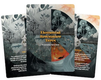 Op de afbeelding: Een compleet tarotdeck getiteld "Elemental Resonance Tarot". De kaarten bevatten illustraties met een natuurthema, waaronder bomen, bloemen en elementaire beelden. Het deck heeft een grijs, oranje en wit kleurenschema.