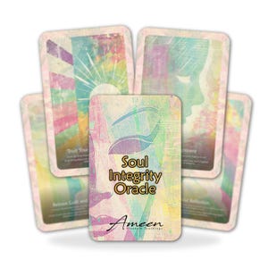 May include: A deck of Soul Integrity Oracle cards with a watercolor design. The central card features a face with the text "Soul Integrity Oracle" and the name "Ameen". The other cards have pastel backgrounds with abstract designs and text.