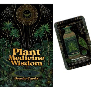 May include: A set of oracle cards with a black background and gold text that reads "Plant Medicine Wisdom" and "Oracle Cards". The cards feature illustrations of plants and a bottle with the word "miracle".