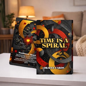 May include: A deck of oracle cards titled "Time is a Spiral". The card design features a black background with gold, red, and grey spiral shapes. The text "TIME IS A SPIRAL" and "ORACLE CARDS" are visible.