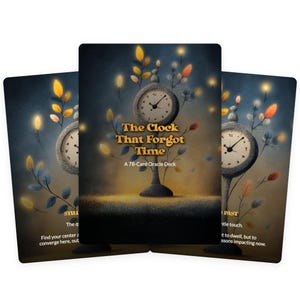 May include: Three oracle cards with a clock design. The center card reads "The Clock That Forgot Time" and "A 78-Card Oracle Deck." The cards feature a clock with floral accents in a dreamy, dark blue and gold color scheme.
