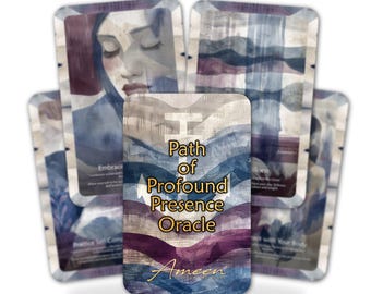 May include: A deck of oracle cards with a watercolor design. The central card reads "Path of Profound Presence Oracle" with the name "Ameen" below. The cards feature shades of blue, purple, and white, with images of a woman's face and abstract landscapes.