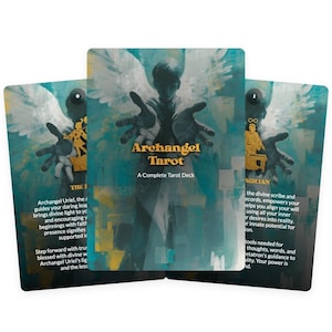 May include: Archangel Tarot deck featuring three cards with illustrations of angels and the text "Archangel Tarot: A Complete Tarot Deck." The cards have a teal and gold color scheme.