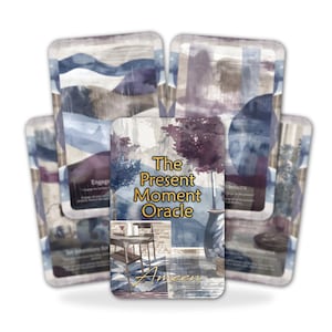 May include: A deck of oracle cards titled "The Present Moment Oracle" by Ameen. The cards feature watercolor illustrations in shades of blue, purple, and brown. The central card displays a scene with a table, trees, and a vase.