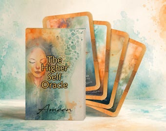 Könnte beinhalten: Ein Orakelkarten-Set mit dem Titel The Higher Self Oracle. Die Schachtel zeigt eine Aquarellillustration einer Person mit geschlossenen Augen. Die Karten haben orangefarbene Ränder und abstrakte blau-grün-orange Hintergründe mit Text.