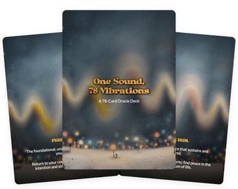 May include: Three oracle cards with a dark, dreamy background. The central card displays the text "One Sound, 78 Vibrations" and "A 78-Card Oracle Deck." The cards have a landscape design with a soft, blurred aesthetic, featuring a night scene with lights.
