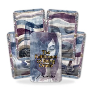 May include: An oracle card deck featuring a central card with the text "The Fulfillment of Being Oracle" and an illustration of a woman's face. The surrounding cards have abstract watercolor designs in shades of blue, purple, and gray.